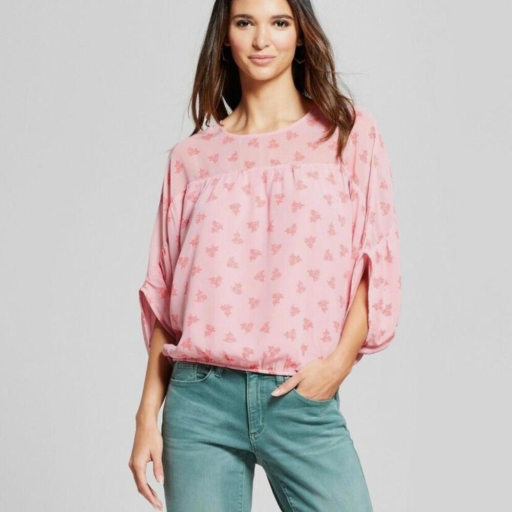 Eclair Brand Medium Pink Sheer Neckline Dolman Bubble Hem 3/4 Slv Spring Blouse